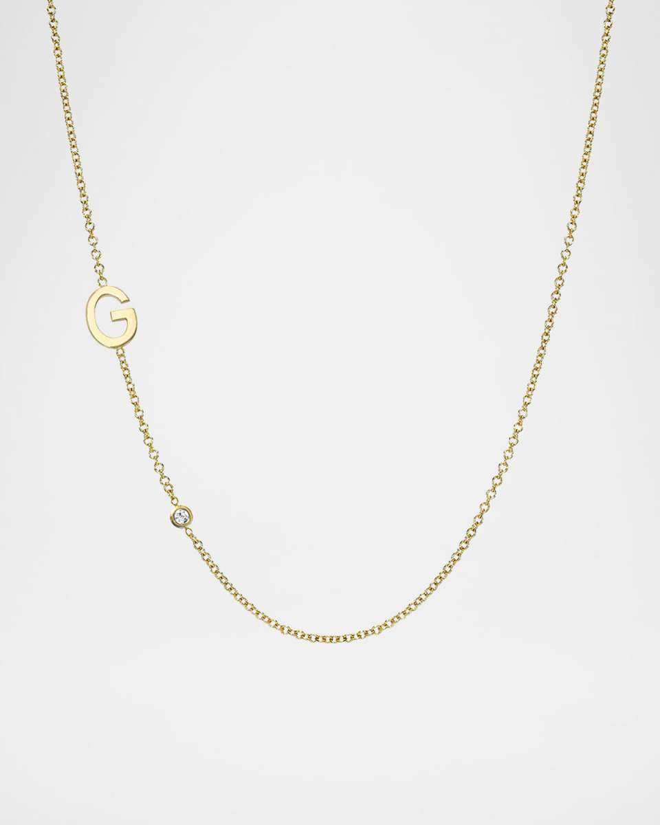 14k Gold Asymmetrical Initial and Bezel Diamond Necklace